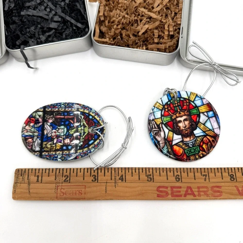 Set of 2 Religious Stained Glass Style Jesus Christ Nativity Ornaments with Tins